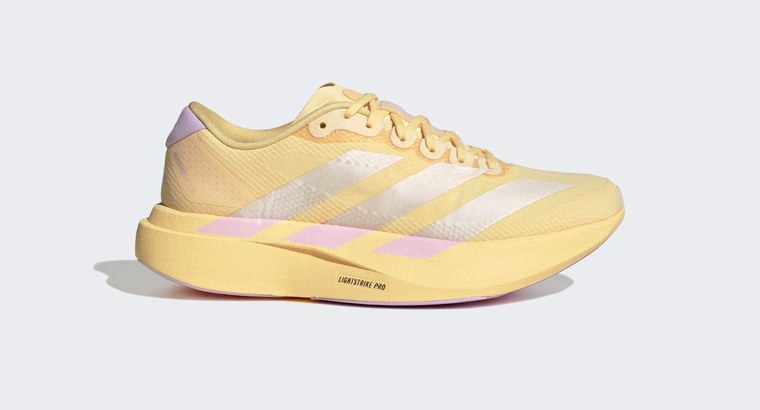 adidas Adizero Evo SL patike za trčanje žute sa belim prugama i roze detaljima
